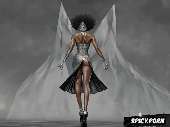 shimmering platform pumps, standing, revealing clothing, black woman