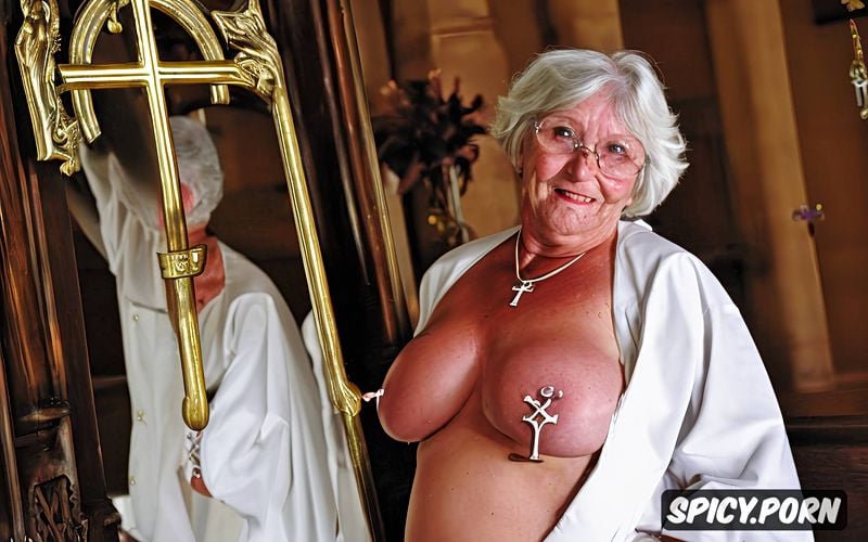 holding a cross in pussy, real old wrinkled granny, stained glass windows