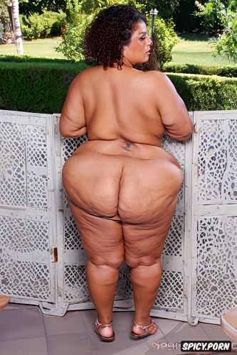 loose skin layers fupa, back view, spreading her legs, short curly hair