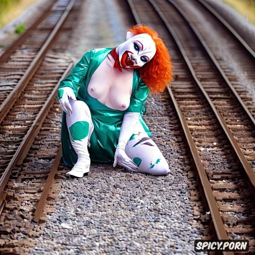 realistic, dramatic, 8k, vivid, highres, visible nipples, mary wiseman dressed as a hobo clown on train tracks natural red hair in braids
