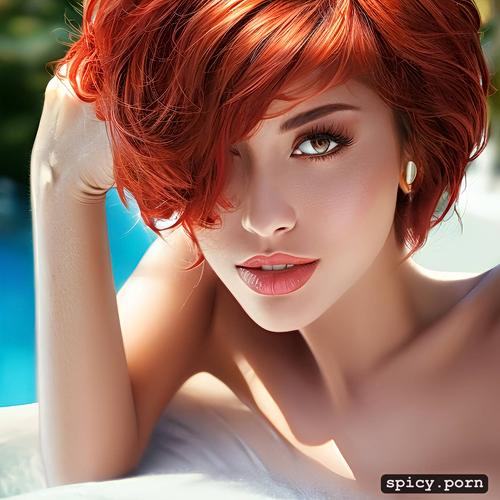 red hair, short hair, naked, beautiful woman, big breasts, brown eyes