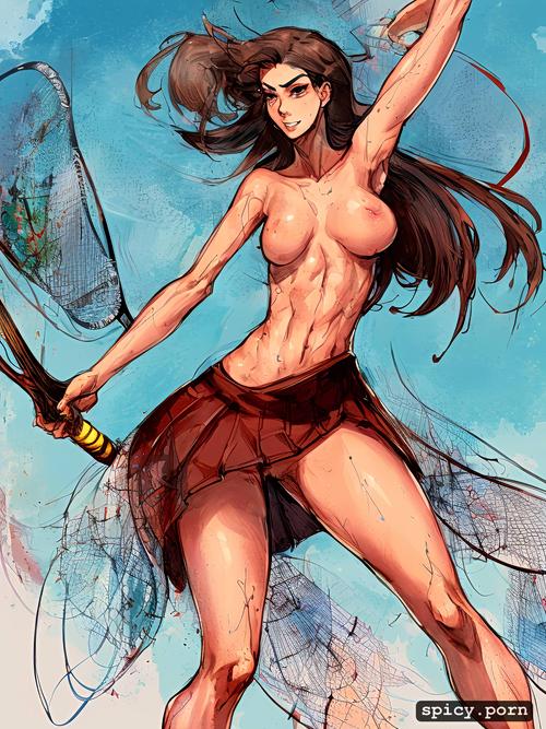 sharp focus, black backround, brown hair woman, topless, manga style