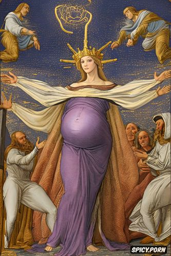 renaissance painting, pregnant, crown radiating, spreading legs shows pussy