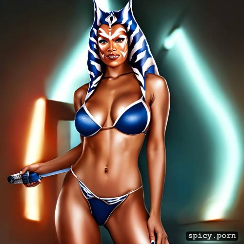 masterpiece, saggy breasts, 8k, rosario dawson as ahsoka tano from star wars posed with a prop