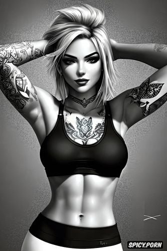 tattoos masterpiece, ultra detailed, ashe overwatch beautiful face beautiful face young sexy tight black yoga pants and top