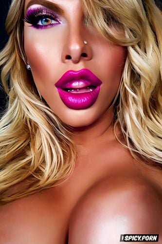slut makeup, beautiful face closeup, vivid pink lipstick, thick lip liner