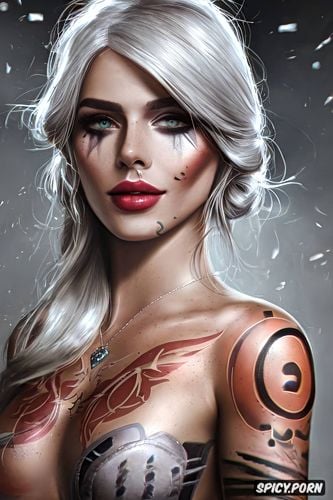 masterpiece, ultra detailed, ciri the witcher beautiful face tattoos full body shot
