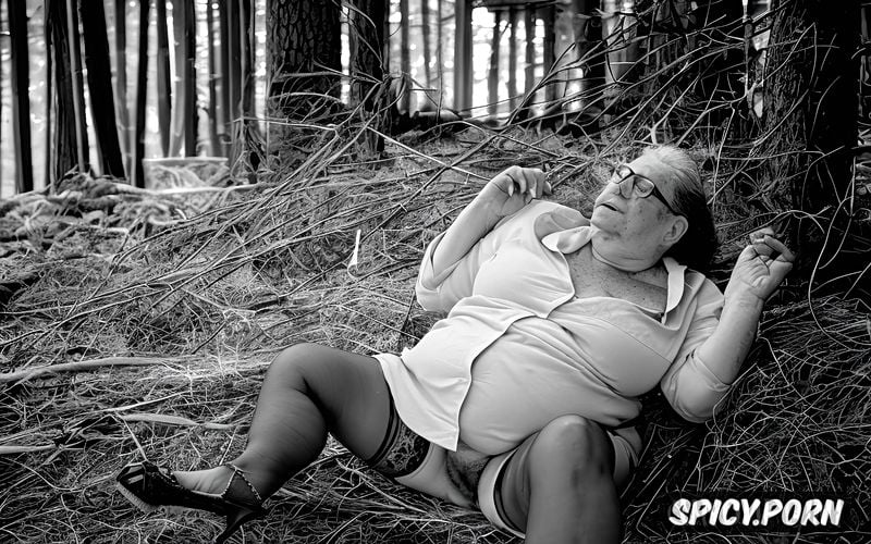 ugly fat grandma, very old ssbbw, glasses, tan stockings, sitting on the wooden floor in a cabin in the cursed woods