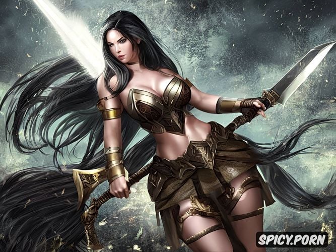 female hero, multiple warriors, long blackhair, extreme hourglas figure