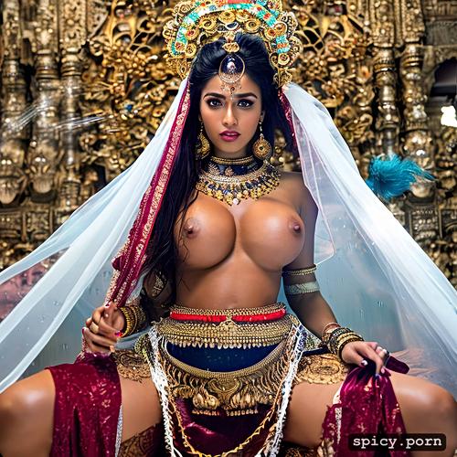 tanned skin, huge breasts, voluptu ous figure, midjourney, hindu temple