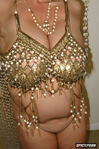 massive saggy breasts, beautiful curvy body, gold and silver and pearls jewelry