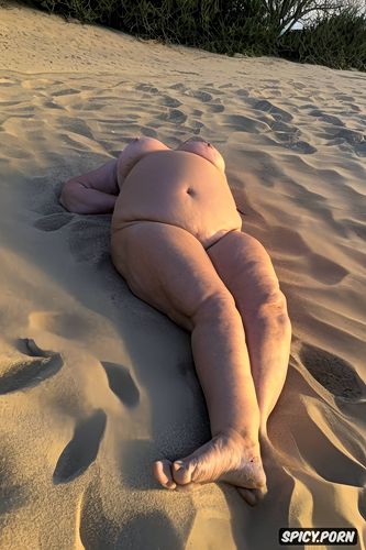 fat old woman full body lying on the beach sand sunbathing face up