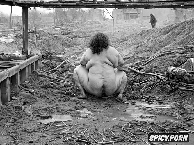 in mud pit, in filthy slum, massive belly, naked obese bbw granny