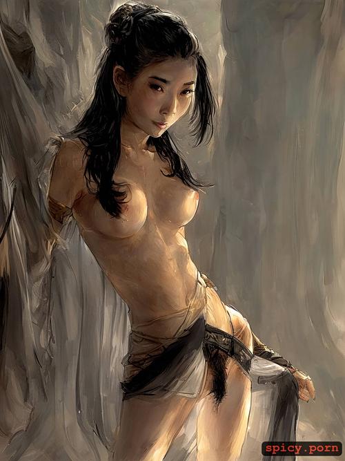 underboob, detailed face, vietnam girl, vietcong, small boobs