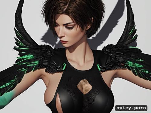 big boobs, black feathered wings, big breasts, athletic body