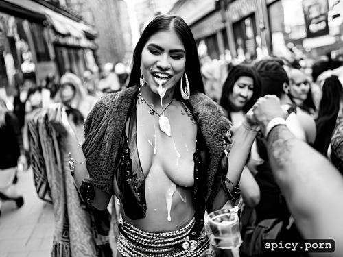 native american female, dark hair, crowded, public street with crowd