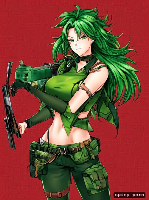 rifle, woman, soldier, tank, dark green hair