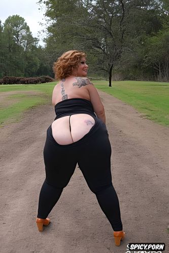smile, realistic skin, in public, ssbbw, thick thighs, looking back at camera