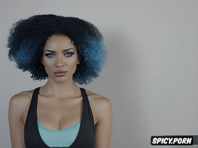 photo realistic, blue hair, black lady, abs, perfect face, curly hair