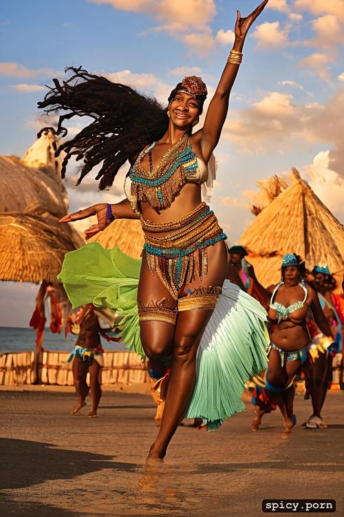 70 yo beautiful tahitian dancer, beautiful smiling face, extremely busty