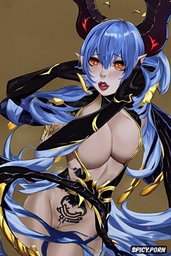 chinese ethnicity, blue hair, ultra detailed, black demonic tail