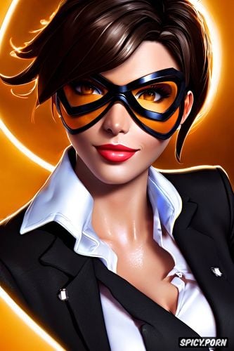 ultra detailed portrait, ultra realistic, tracer overwatch milf full lips black blazer white shirt shirt unbuttoned beautiful face