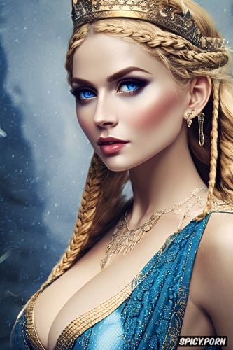 blue eyes, diadem, flowing low cut brown dress, masterpiece