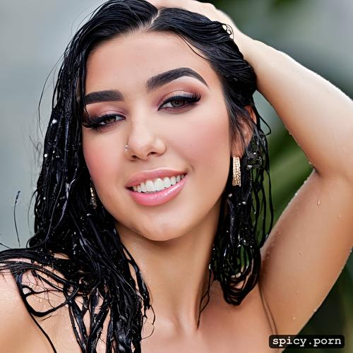 perfect face, black hair, wet, fit body, beautiful woman, long straight hair