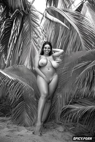 half view, color photo, giant natural breasts, palm trees, half view