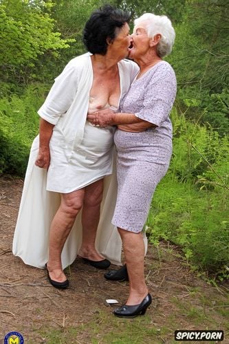 two grannies, medium body shot, first granny is naked and kneeling in front of the second granny