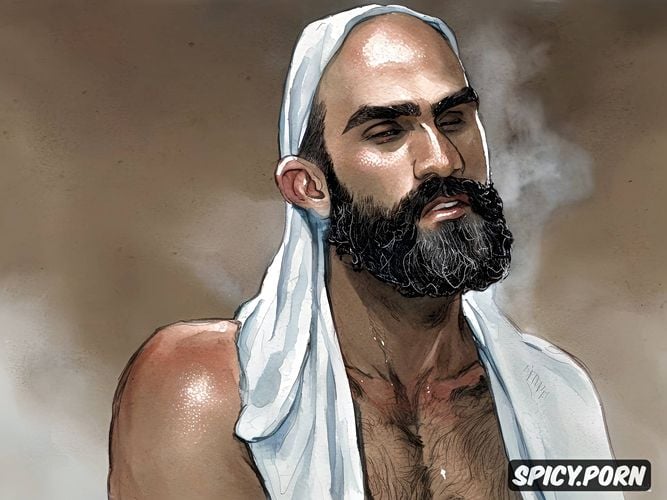 professional sketch of bearded naked hairy man big shiny testicles big dangling penis thick natural eyebrows arabian arab male hamam steam room massaged on all fours sweating perfect face highest quality hands feet masterful composition soft lighting