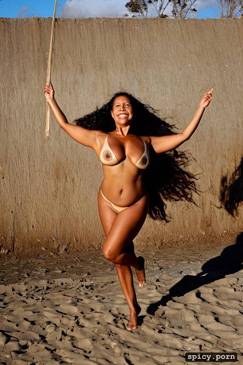 color photo, 64 yo beautiful tahitian dancer, performing, extremely busty