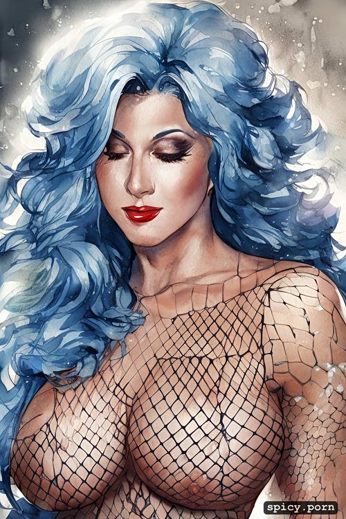 medium shot, blue hair, in supermarket, fishnet bodysuit, gorgeous face
