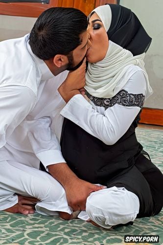 dick near her face, kissing dick, me looking my pakistani muslim wife wearing hijab sitting on the praying mat praying to a big uncercumsized dick of the hindu man