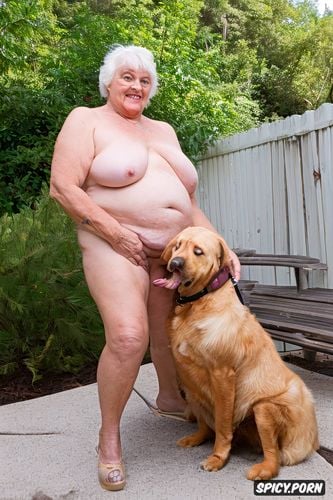 clear photography, fat belly, 8k, 80 year old lady, legs wide apart showing her wet and excited pussy to her dog with his tongue out