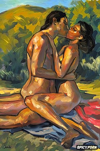 matisse, painterly, pulling hair, sunlight, fauves, tender outdoor nude kiss impressionist