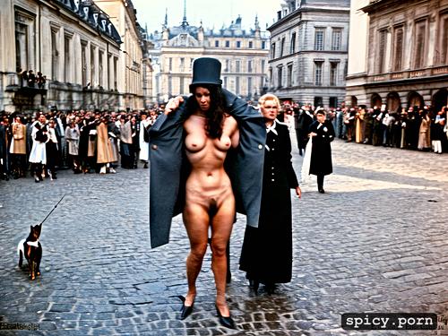 european woman, guillotine, doggy style, panic, public, nude