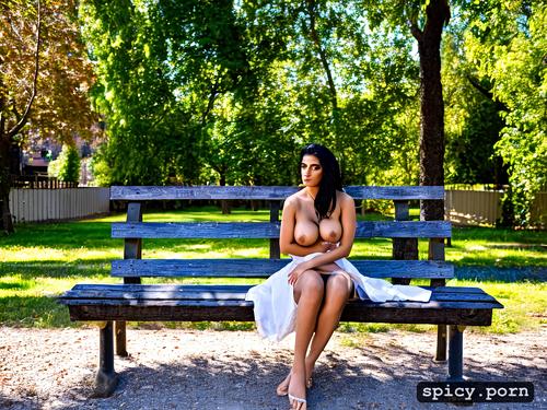 iranian angry topless pregnant is sitting on bench in park while milk dripping of her nipples