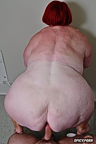 white granny, squatting, rear view, hyperrealistic pregnant pissing muscular thighs red bobcut haircut