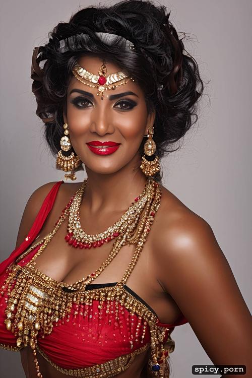 indian classical dancer, smiling, close up shot, extremely large breasts