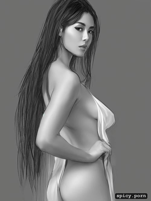 topless and white slip, thai teen, intricate long hair, sketch