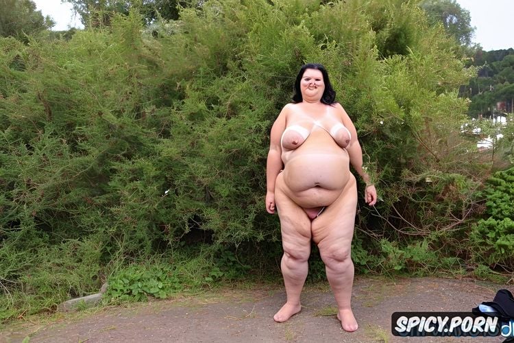 loose saggy skin, tan lines1 3, cellulite, skin blemishes, an old fat portuguese milf standing naked with obese belly