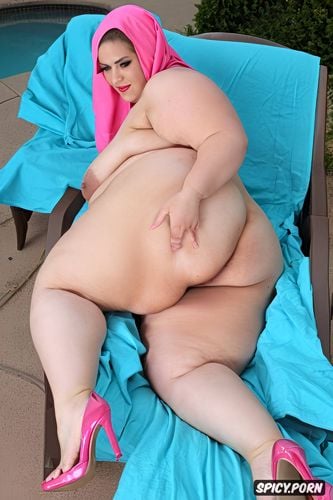 high heels, huge saggy breasts, huge booty, pink hijab, fat body