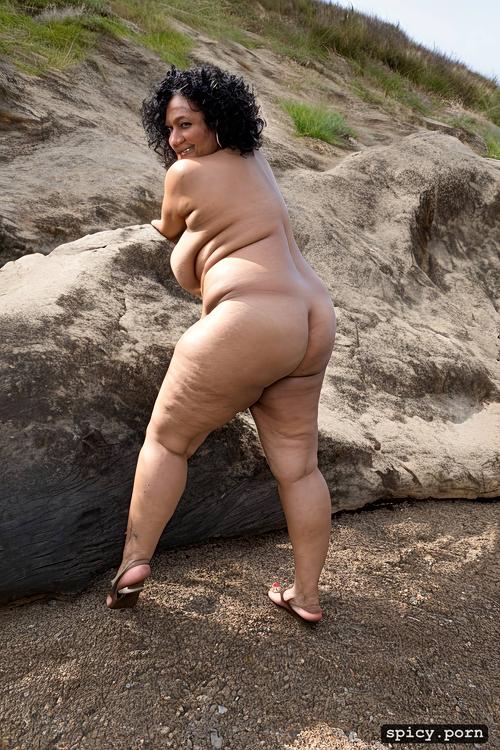 at beach, short hair, large high hips, sagging fat belly, an old fat hispanic naked woman with obese belly