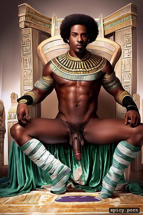 ancient egypt throne, black men naked, hairy scrotum, defined penis