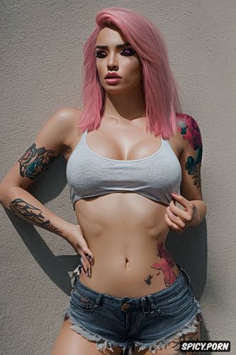 street, tattoos, short shorts, muscle, big boobs, pink hair