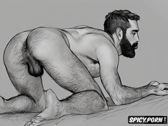 professional pencil sketch of one alone bearded naked hairy man very large balls big uncircumsized penis thick natural eyebrows arabian arab male on all fours ass up sweating showing hairy ass perfect face highest quality hands feet masterful composition soft lighting