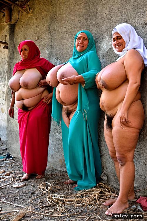 huge nipples, naked arabic obese grannies, massive boobs, in filthy slum
