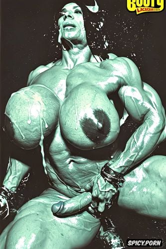 bodybuilder, facemask, massive boobs, big nipples, green skin