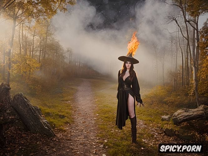 woods, open robe, witch, moonlight, bonfire, thigh high stockings